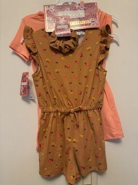 btween Girls' Brown Floral Romper with Peach Romper 2 pack
